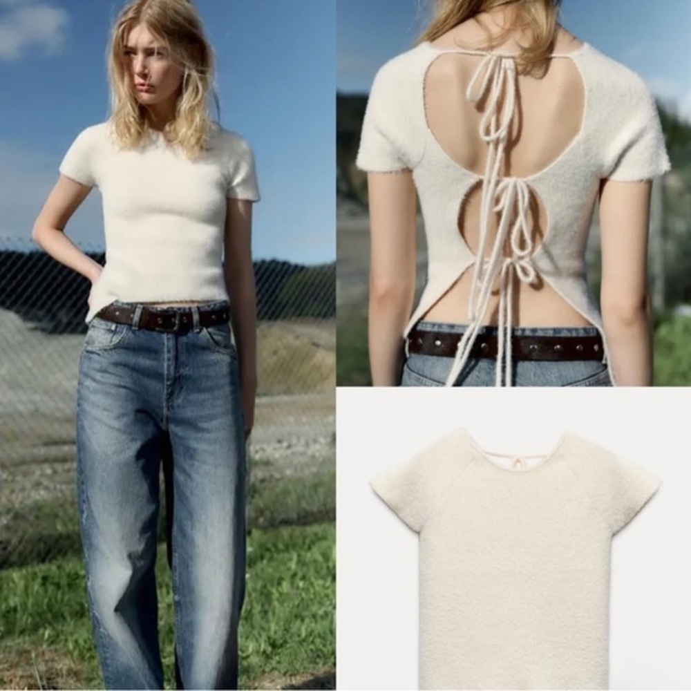 Zara NWT cream faux fur tie back top 5063/842 size small womens